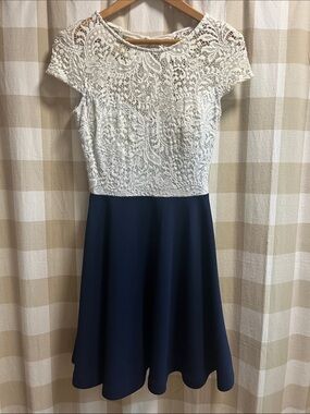 B Darlin White Lace Bodice Navy Midi Dress